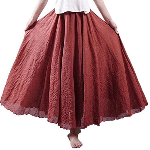 

paris girl women linen cotton long skirts elastic waist pleated maxi skirts beach boho vintage summer, Black