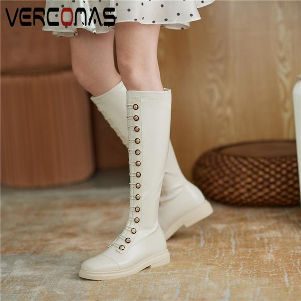 

boots verconas autumn winter women knee-high genuine leather shoes woman fashion button low heels back zipper concise long, Black