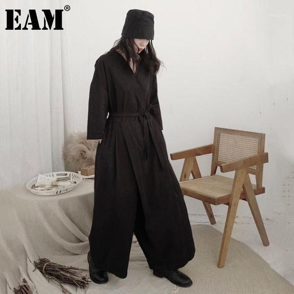 

eam] loose fit women black brief long big size jumpsuit new high waist pocket stitch pants fashion spring autumn 2021 1db1701, Black;white