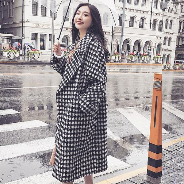 

long wool coat jacket women autumn winter warm vintage plaid houndstooth runway woolen blend overcoat female outerwear clothing1, Black