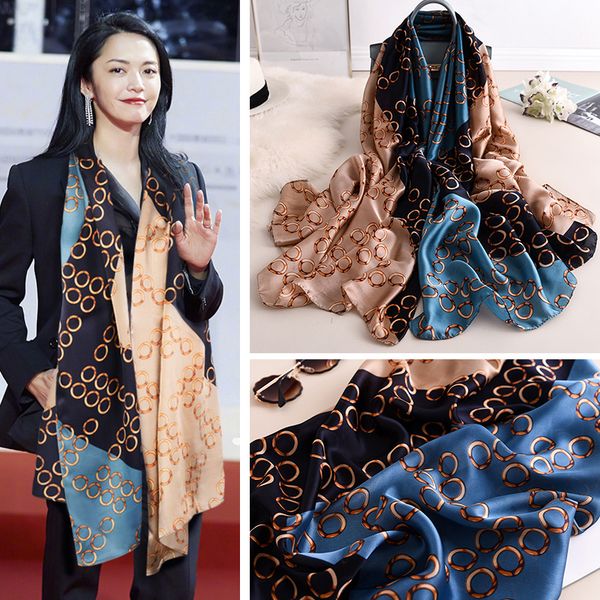 

yao chen, su mingyu, same style silk women's spring autumn fashion, long thin and versatile scarf, winter warm shawl, Blue;gray