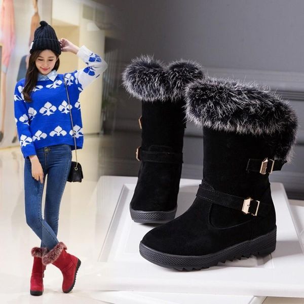 

boots ankle for women black red fur snow booties woman warm shoes botas mujer flock maziao
