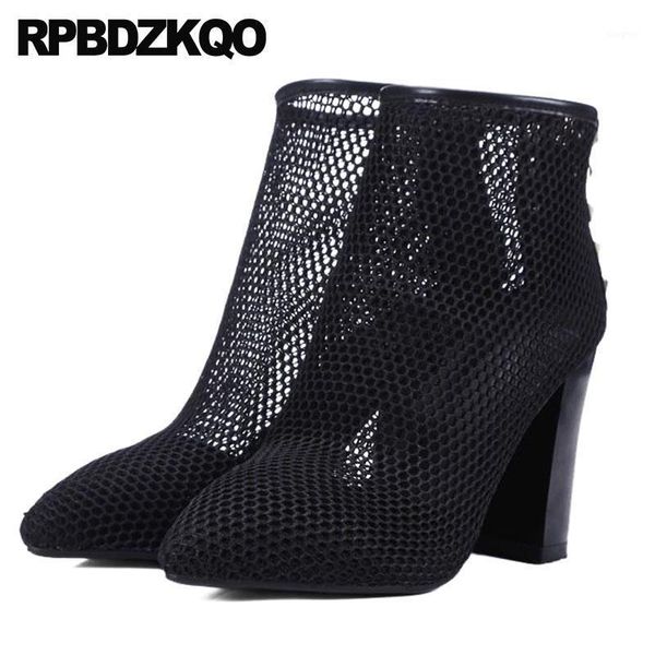 

boots summer cutout white rivet chunky stud high heel mesh designer pointed toe ankle shoes women sandals cut out1, Black