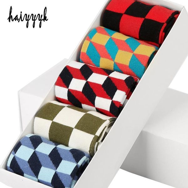 

5 pair/lot combed cotton men's socks autumn and winter warm compression socks colorful diamond funny dress men size 39-451, Black