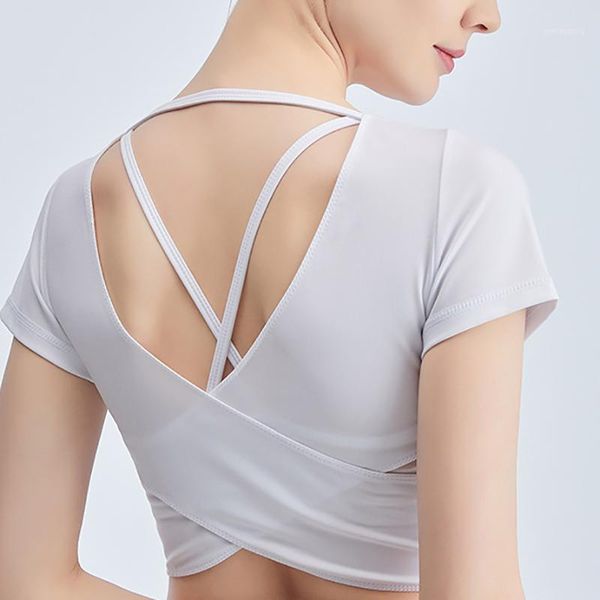 

yoga outfits short sleeve women solid shirt back cross gym workout sportswear breathable quick dry crop fitness clothing1, White;red
