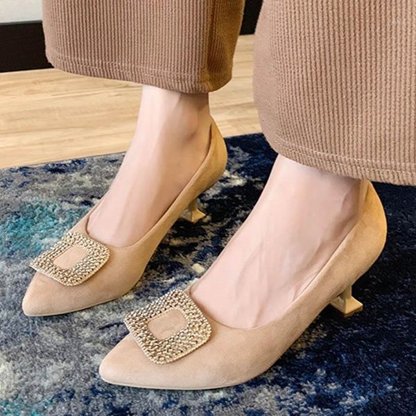 

dress shoes crytal metal buckle flock pumps woman french small thin high heels women plus size 36-45 pointed toe work 20211, Black