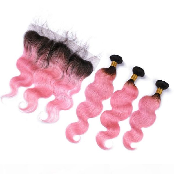 

virgin peruvian 2tone ombre human hair with lace frontal 4pcs lot dark root 1b pink ombre full lace frontal closure 13x4 with 3bundles, Black;brown