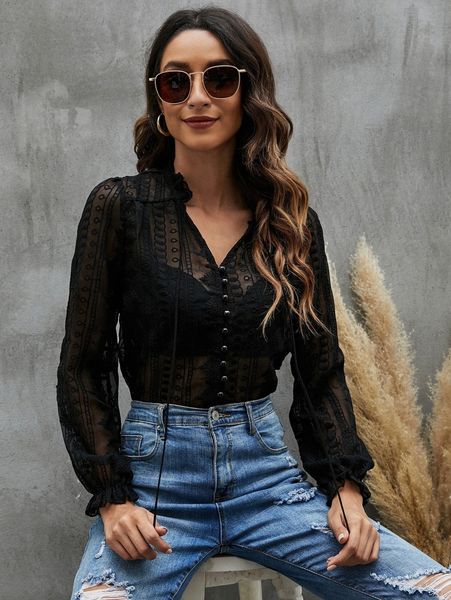 

flounce sleeve tie front lace blouse without bra q6iz#, White