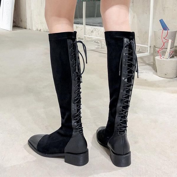 

boots chaussures femme winter shoes women high cow leather flock cross-tied riding women's knight botas mujer, Black