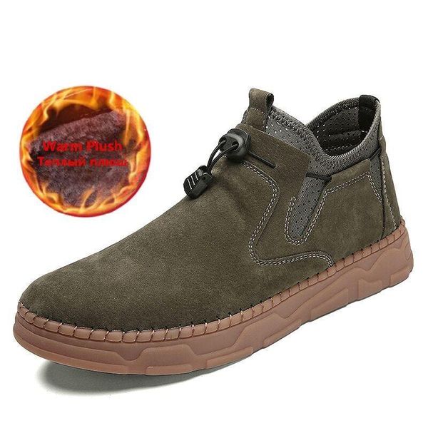 

fashion men boots split leather ankle snow boots shoes warm fur plush lace-up winter shoes motorcycle size 48, Black