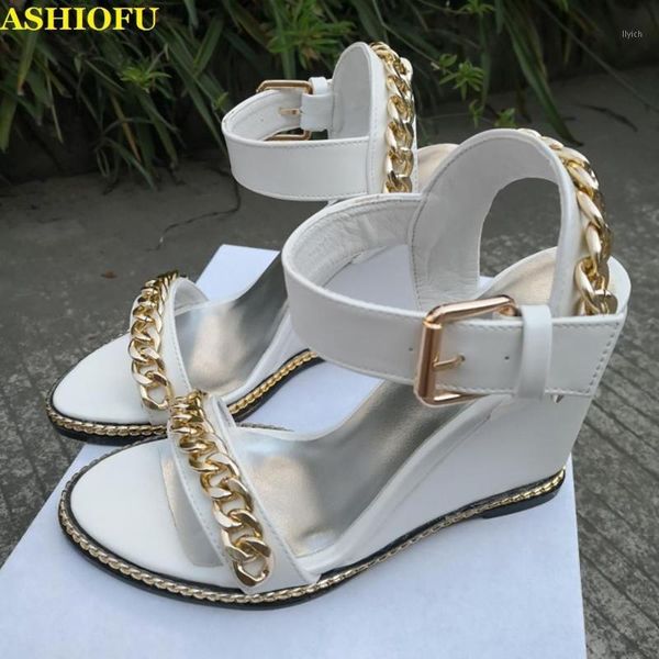 

ashiofu handmade women wadge heel sandals gold-chains slingback party prom summer shoes evening fashion large size sandals shoes1, Black