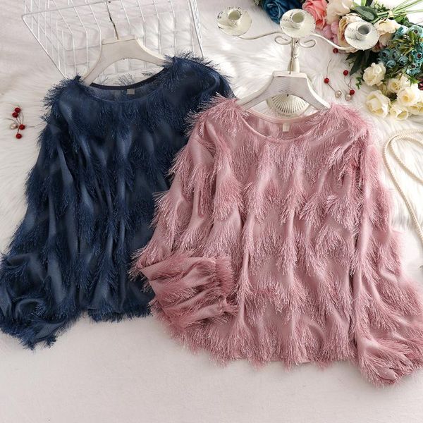 

spring autumn pink/blue/white tassel blouse women korean chic elegant puff long sleeve loose shirt female casual blusas fashion