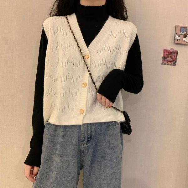 

women's vests v-neck knitted vest sweater spring autumn korean loose wild sleeveless hollow women clothing, Black;white