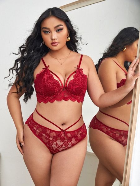 

plus floral lace scallop trim underwire lingerie set v1eu#, Black;white