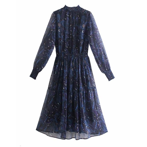 

new 2021 chiffon print black dress women fashion ruffle long sleeve midi woman vintage elegant dresses 9p7w, Black;gray