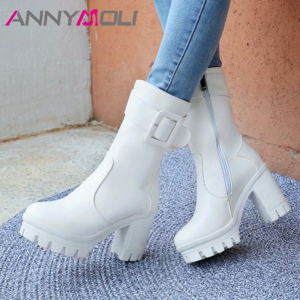 

annymoli winter mid calf boots women buckle platform square heel boots zipper extreme high heel shoes lady autumn big size 34-43, Black
