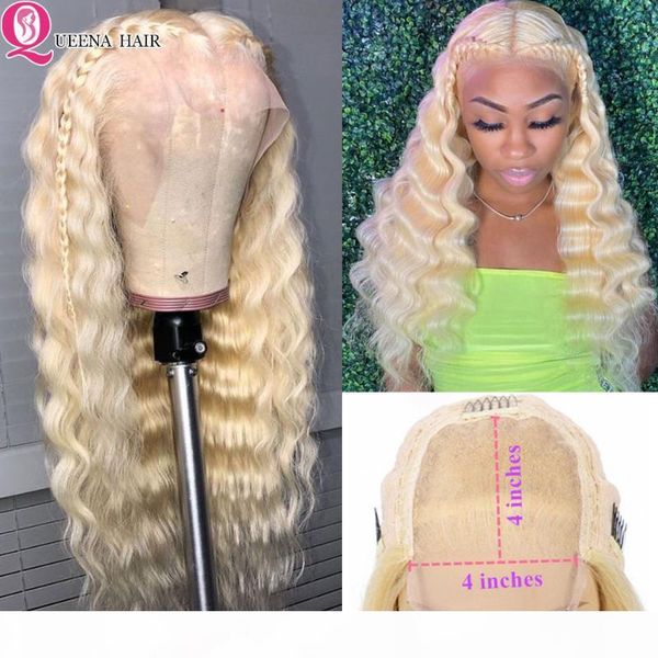 

613 human hair wig deep wave frontal wig 13x4 blonde lace front wigs for women remy brazilian hair wigs 4x4 lace closure 150, Black;brown