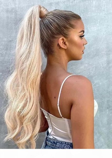 

14" hair piece pony tail clip on extension voluminous fancy wavy virgin russian hair bleached blonde 613 10a grade 140g, Black