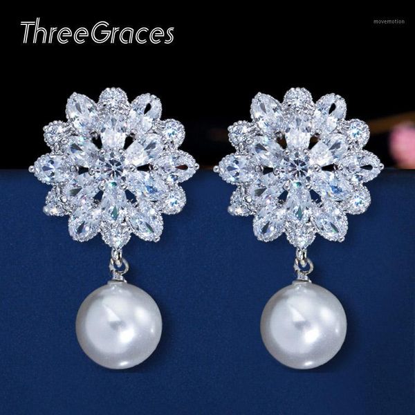 

threegraces new christmas gift cute snow flower cubic zirconia crystal dangle drop pearl earrings jewelry for ladies er2901, Silver
