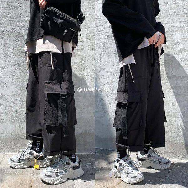 

spring cargo pants men's fashion retro pocket casual pants men streetwear korean loose hip-hop straight wide-leg mens, Black