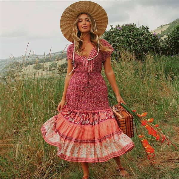 

bohemian floral print sundress women casual beach maxi dresses drawstring waist v-neck dress summer female vestidos 2020, Black;gray