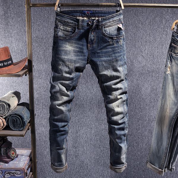 

2021 new italian vintage fashion men jeans retro dark blue elastic slim fit ripped denim pants classical designer trousers s1mi
