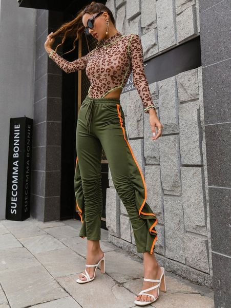 

glamaker drawstring waist ruffle trim contrast binding cropped pants e6s2#, Black;white