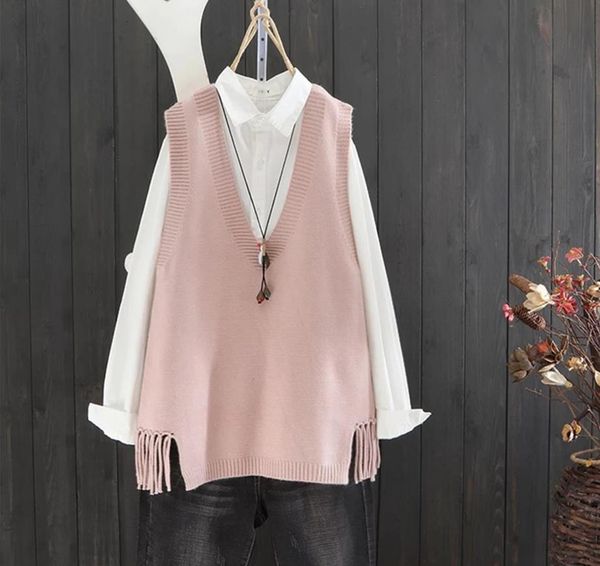 

spring autumn new style v neck solid color sweater vest women loose turtleneck hem fringe canvas 15209, White;black