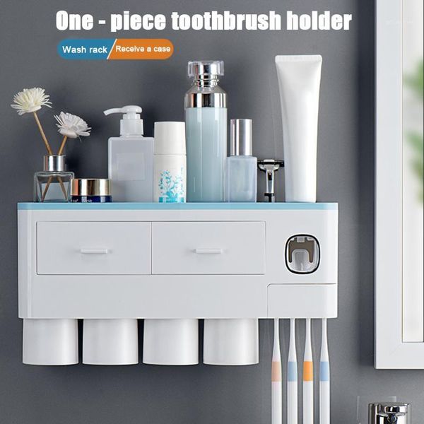 

bath accessory set magnetic adsorption inverted toothbrush holder automatic toothpaste squeezer dispenser bathroom multifunction storage rac