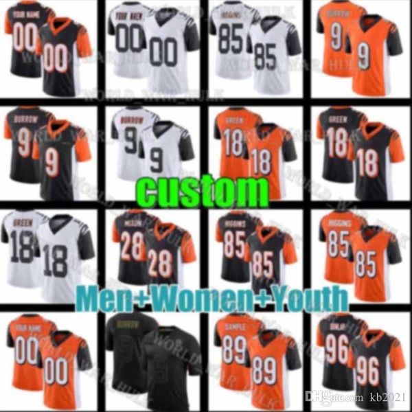

men women youth cincinnati bengals 9 joe burrow 18 a.j. green 28 joe mixon 14 andy dalton 85 tee higgins football jerseys, Black;red