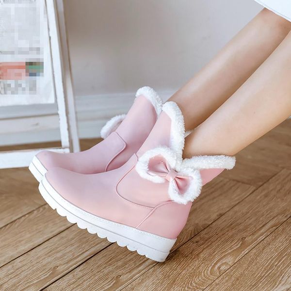 

boots ymechic 2021 sweet bowtie girls lolita shoes fur tassel platform ankle butterfly-knot plush winter snow women plus size, Black