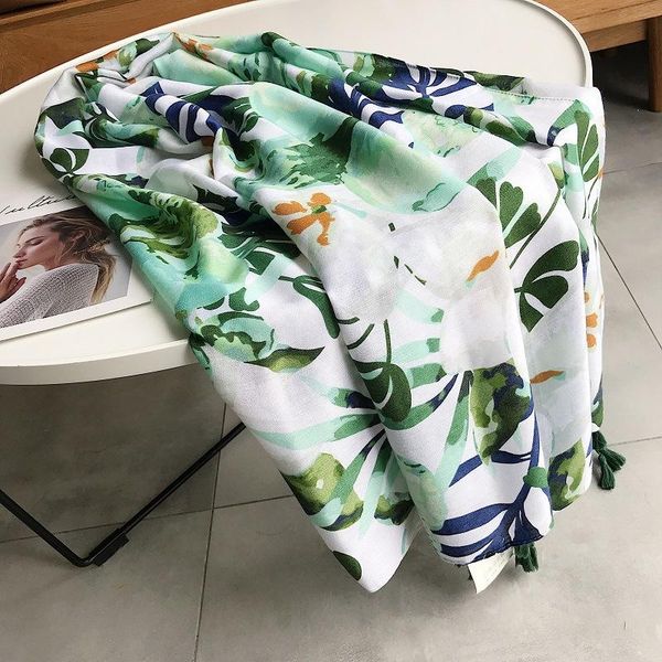 

summer cotton and linen shawl leaves and flowers tassel printing travel beach holiday sun scarf scarves beach towel women bbynes bdehome, Blue;gray
