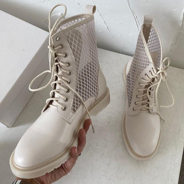 

2020 winter fashion women round toe black ankle boots cross tie up boots leather mesh beige ladies valentine shoes1