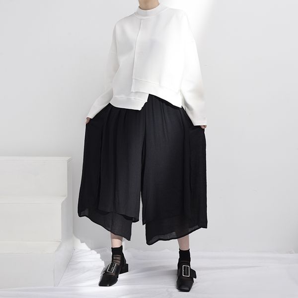 

[eam] loose fit white irregular hem weatshirt new satnd collar long sleeve women big size fashion tide spring jk800 201207, Black