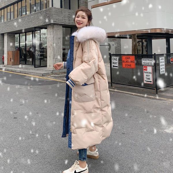 

casual thick jacket hooded fur collar women oversized fashion contrast jacket loose zipper kobieta kurtka winter coat de50mf, Black