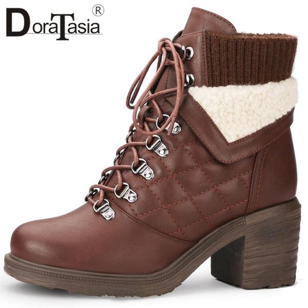

boots doratasia elegant girl round toe lace up high heels winter brand casual women seiwng shoes woman, Black