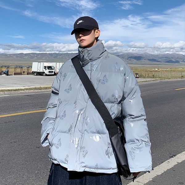 

tide brand butterfly printing couple handsome cotton jacket winter new men's stand-up collar jacket thickened warm cotton1, Black