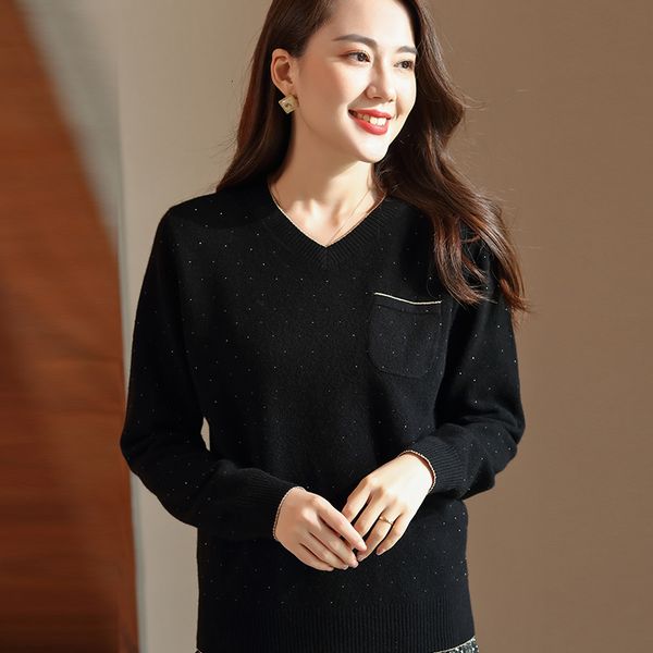 

2021 women's blouses pullovers 100% pure wool mesh jumpers new winter v-heavy ladies'clothing o11e, White;black