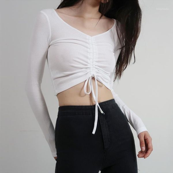 

women v neck ribbed crop with drawstring front long sleeve t-shirt1, White