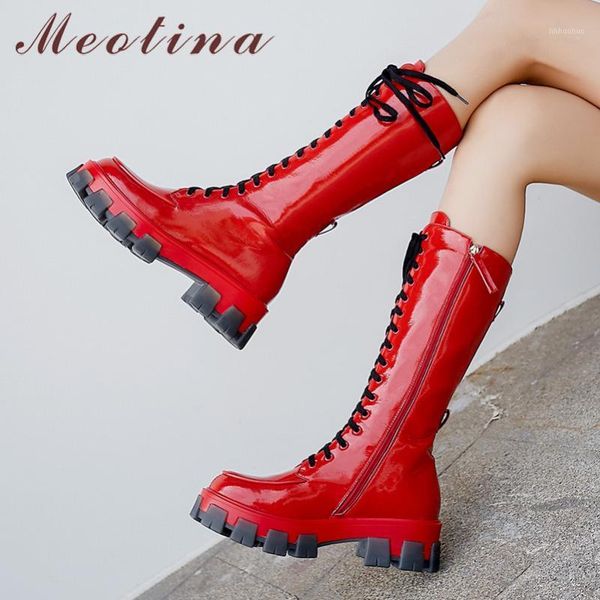 

boots meotina winter knee high women natural genuine leather platform block heel tall punk zipper shoes lady autumn red 391, Black