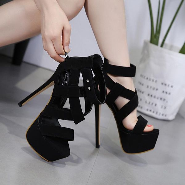 

новое лето гладиатор женщин сандалии высокие каблуки ботильоны молния пряжка ремень stiletto сандалии насосы 16см 2020, Black