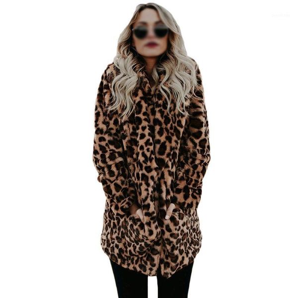 

new women autumn and winter leopard faux fur long warm plush coat large fur collar long sleeve mid-long, Black