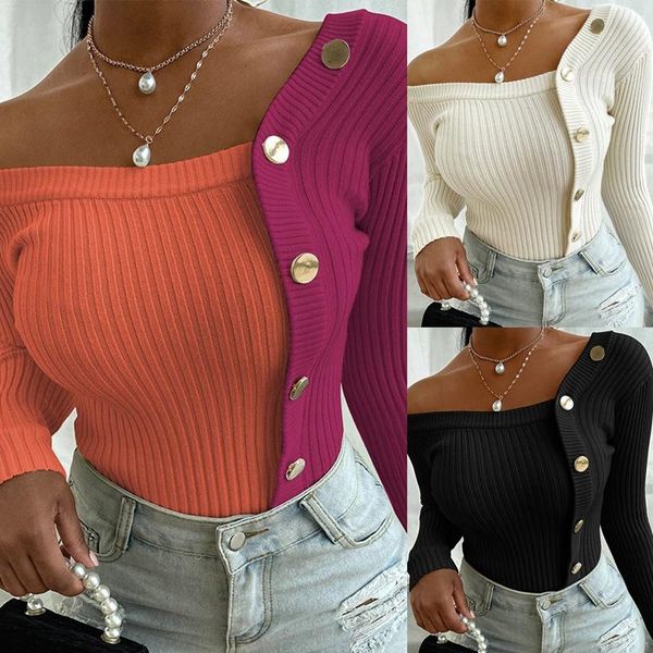 

women's fashion casual one-shoulder contrast stitching tight-fitting long-sleeved sweater, White;black