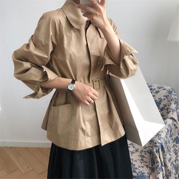 

women's trench coats woman clothes autumn short windbreaker for lady fashion overcoats office female blend coat with belt, Tan;black