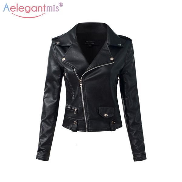 

aelegantmis casual pu leather jacket women classic zipper short motorcycle jackets lady autumn winter basic leather coat black 201020, Black;brown