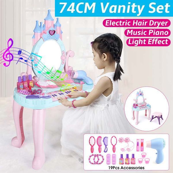 Fingir jogar meninas brinquedos crianças maquiagem vestido princesa penteadeira com espelho cosméticos secador de cabelo piano 74cm altura lj201009