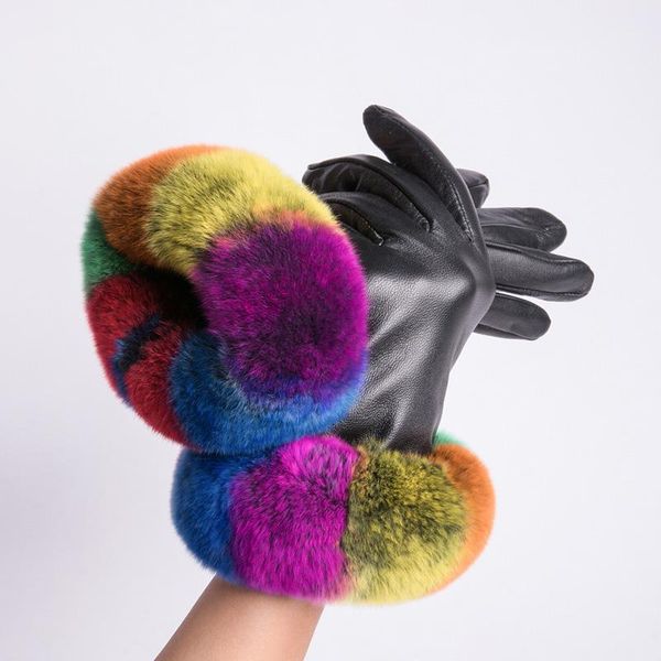 

five fingers gloves mppm leather women warm autumn winter soft decoration rex fur wrist coral velvet thick real elegant gloves1, Blue;gray