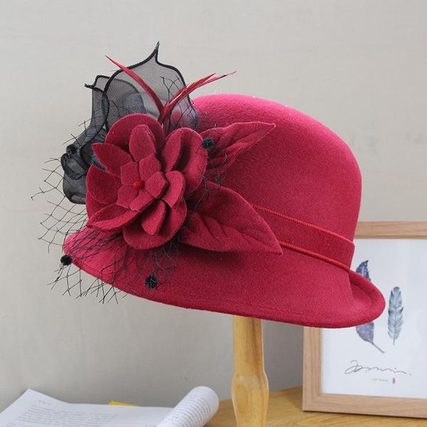 

stingy brim hats mingli tengda elegant mesh flower felt wool hat women outdoor warm basin versatile curling fascinator fedora chapeau, Blue;gray