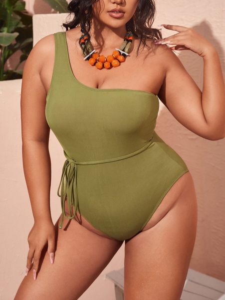 

plus rib one shoulder one piece swimsuit b56v#, Black