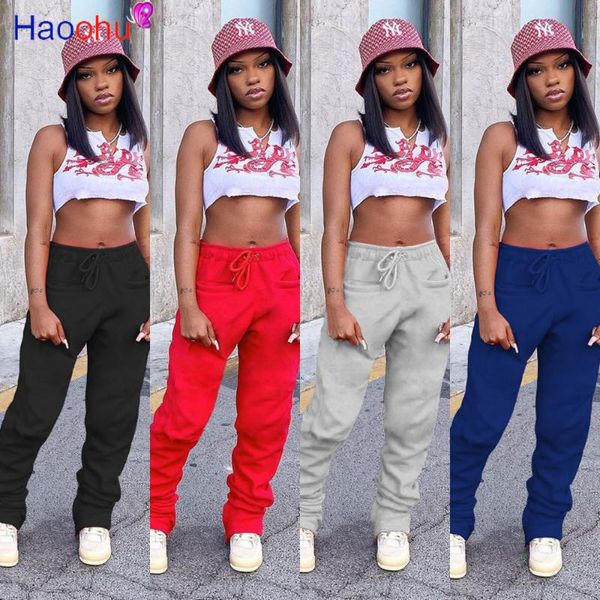 

haoohu women elastic drawstring stacked pants legging high waist flare bell bottom ruched trousers draped jogger sweatpant, Black;white